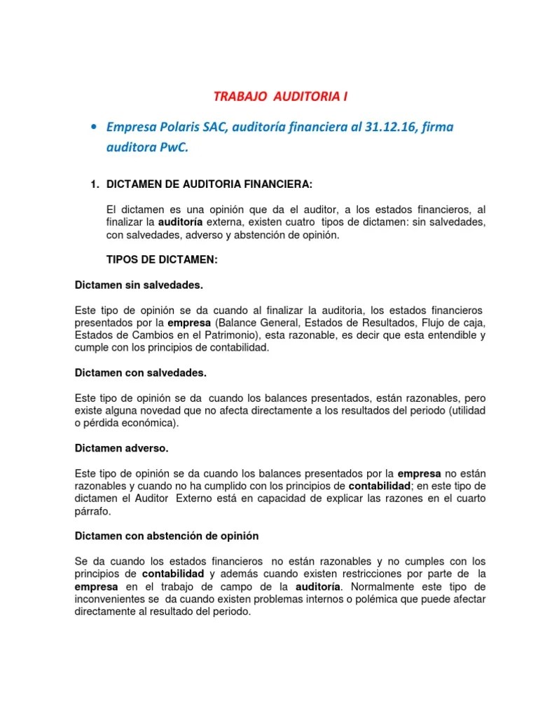 Tipos de Dictamen Auditoría financiera Contabilidad