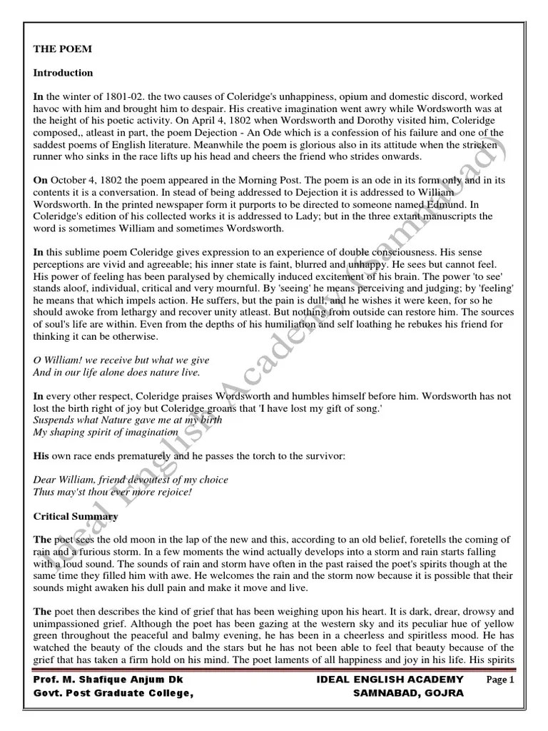 Dejection An Ode PDF Samuel Taylor Coleridge Poetry