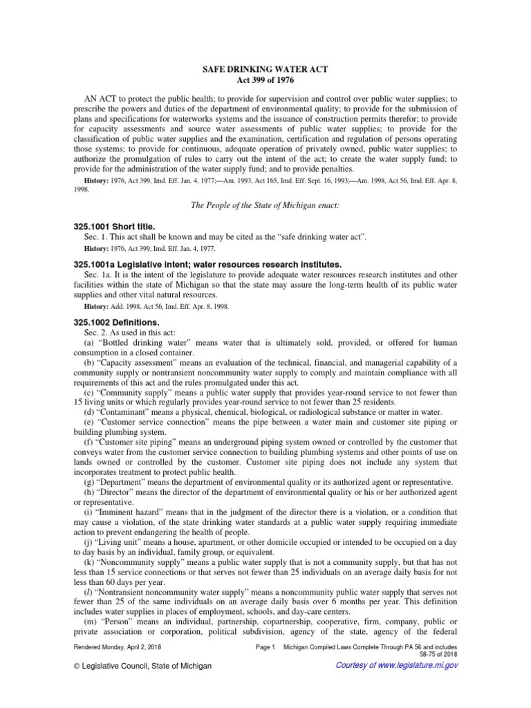 SAFE DRINKING WATER ACT Water Supply Specification (Technical Standard)