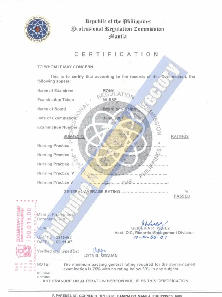 PRC Certificate of Board Rating (Registered Nurse) PDF