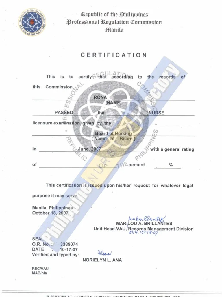 PRC Certificate of Board Passing (Registered Nurse)