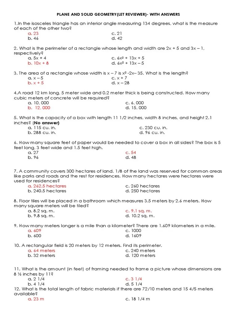 Plane and Solid GeometryWith Answers PDF Area Rectangle