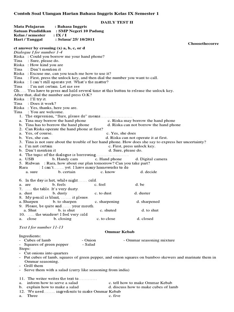 Contoh Soal Bahasa Inggris Kelas 9 Semester 1 Contoh
