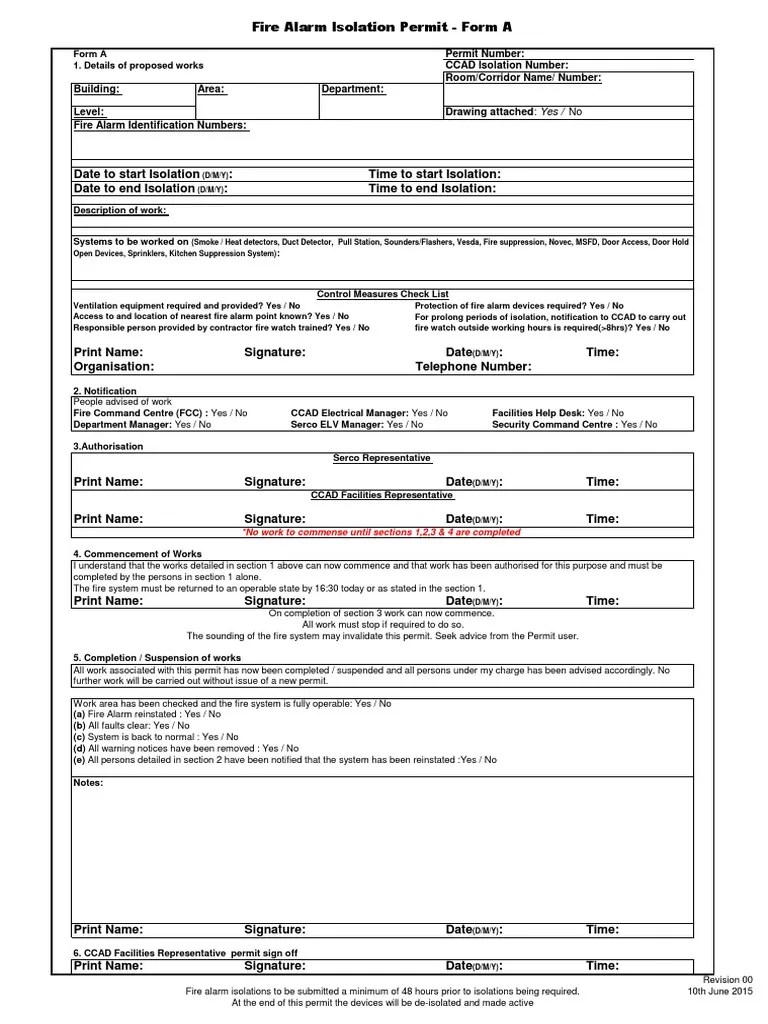 Fire Alarm Isolation Permit Form A PDF Hazards Building Engineering