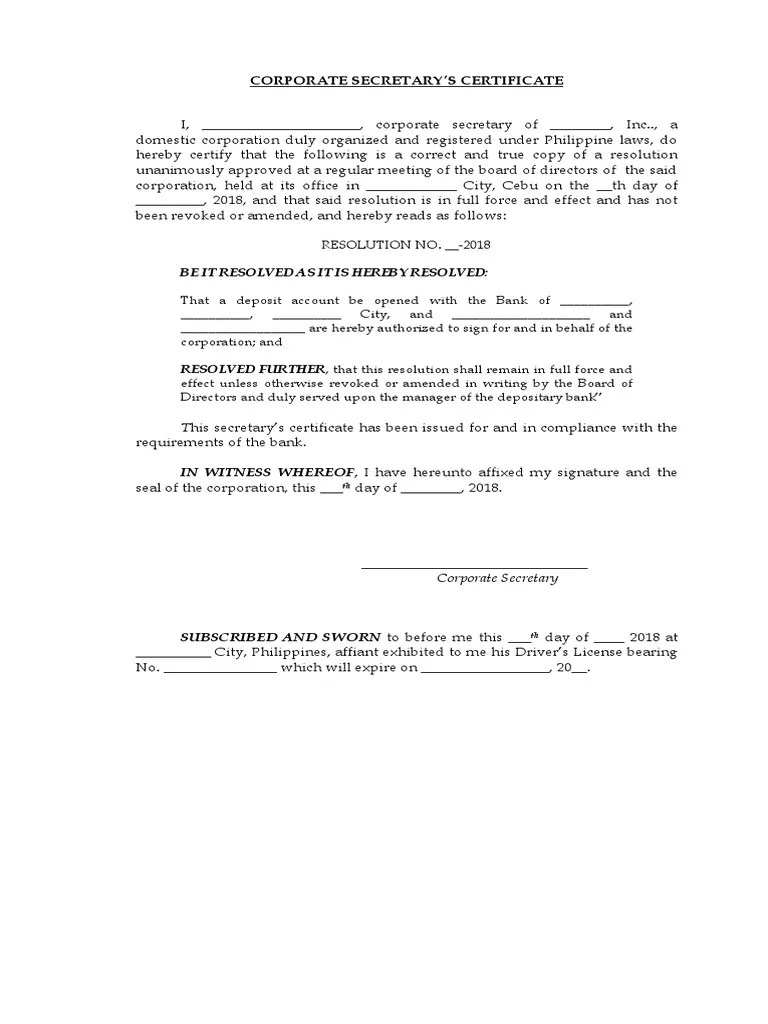 Sample Secretary's Certificate