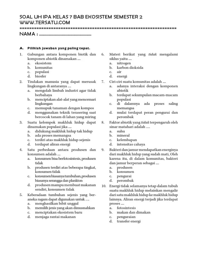 Soal Uh Ipa Kelas 7 Bab Ekosistem Semester 2 | PDF