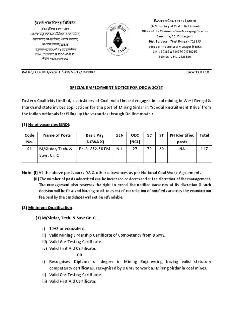 Eastern Coalfields Limited Mining Sirdar Posts Notification | PDF 