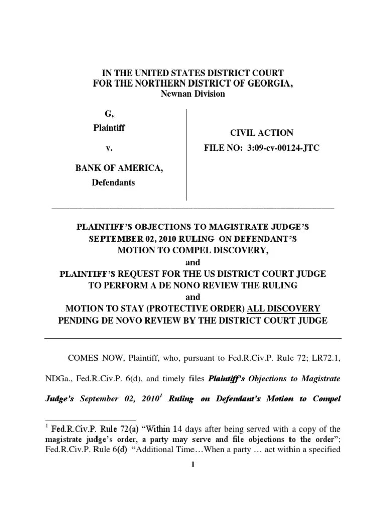 Plaintiff's Objection to Order and Request for District Judge to De