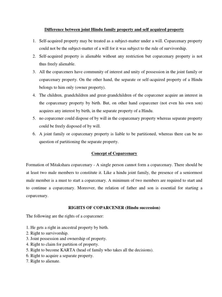 Difference Between Joint Hindu Family Property and Self Acquired