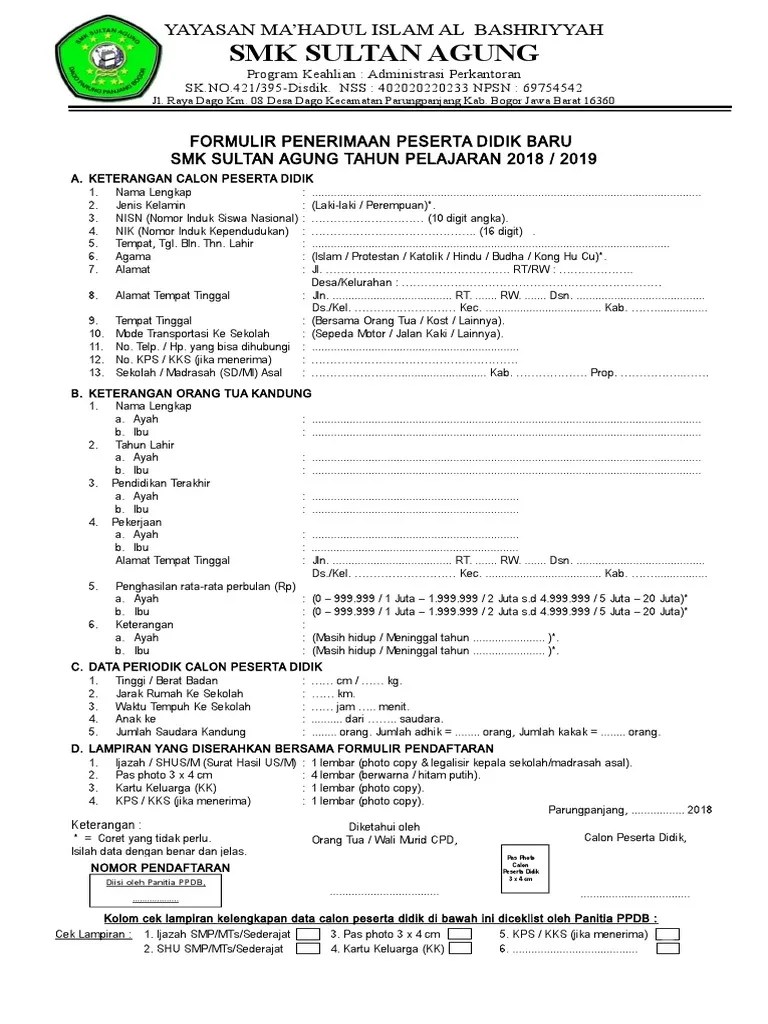 Formulir Pendaftaran SMK PDF | PDF