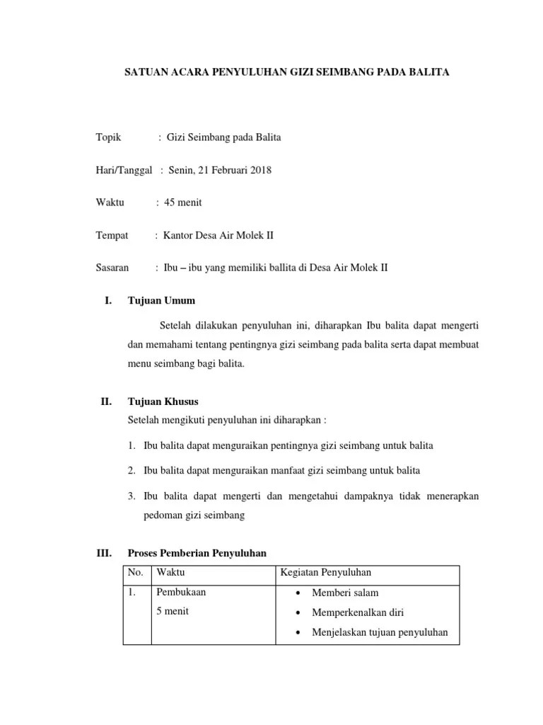 Satuan Acara Penyuluhan Gizi Seimbang Pada Balita | PDF