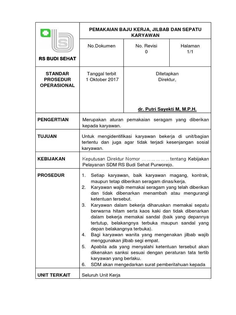 SPO Pemakaian Baju Kerja, Jlibab Dan Sepatu Karyawan | PDF