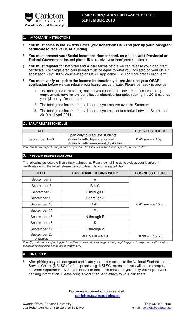 Osap Loan/Grant Release Schedule SEPTEMBER, 2010 Important