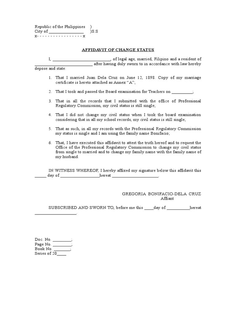 Affidavit of Change Status