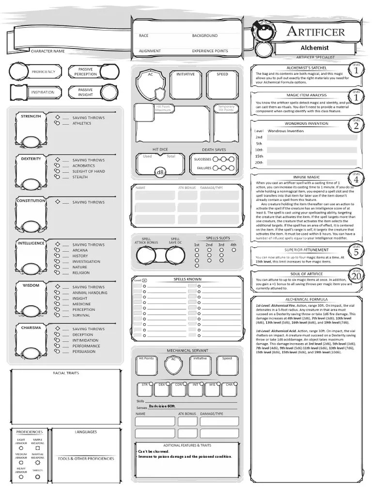 456029Class Character Sheet ArtificerAlchemist V1.1 Fillable
