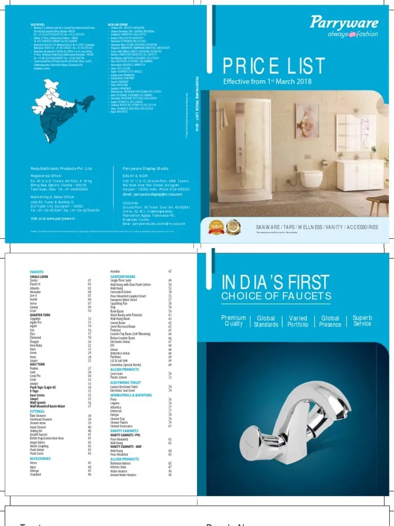 Parryware Price List 01.03.18 Tap (Valve) Bathing