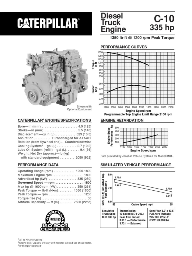 Motor Caterpillar C10 Especificaciones Horsepower Transmission