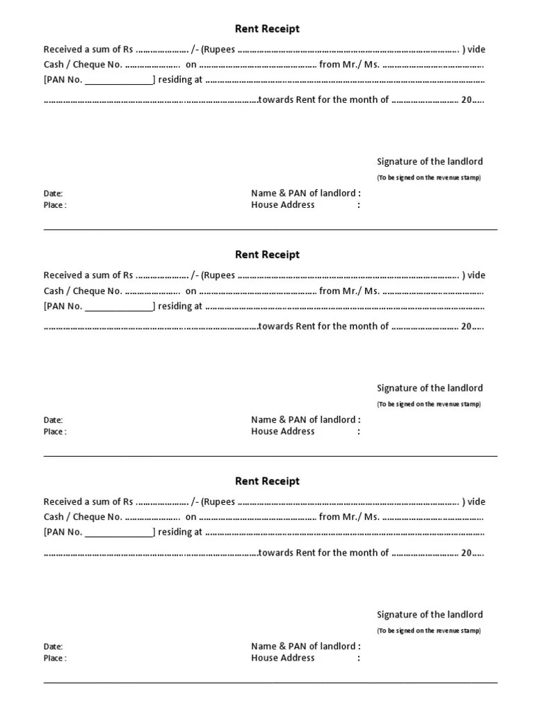 Rent Receipt Format For HRA Declaration and HRA Excemption in