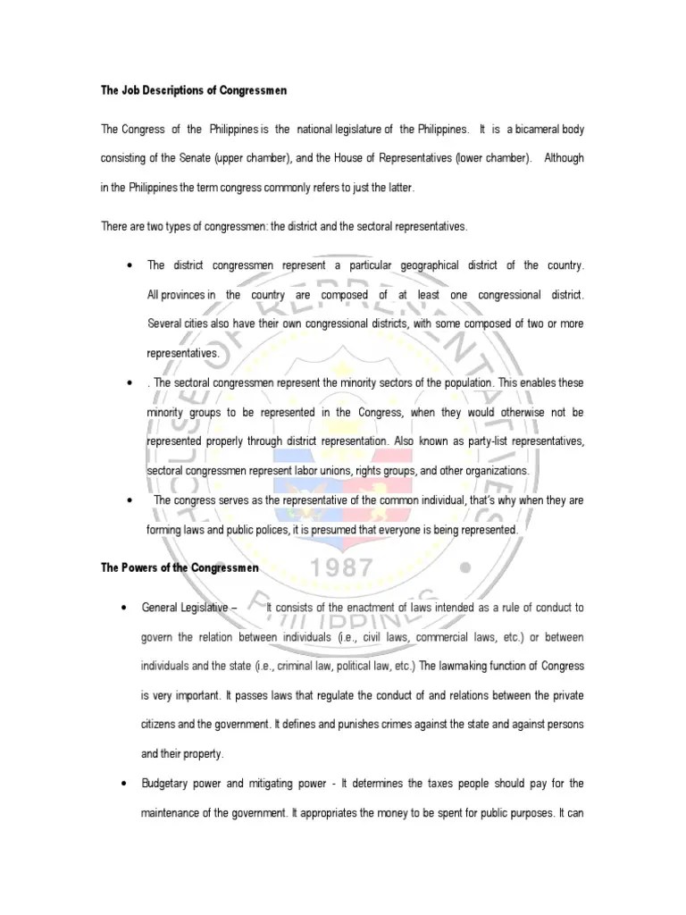 The Job Descriptions of Congressmen PDF United States Congress