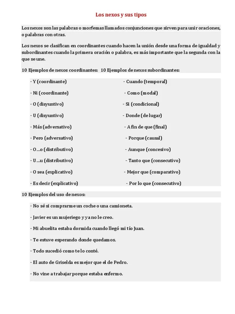 Los Nexos y Sus Tipos Oración (Lingüística) Idiomas