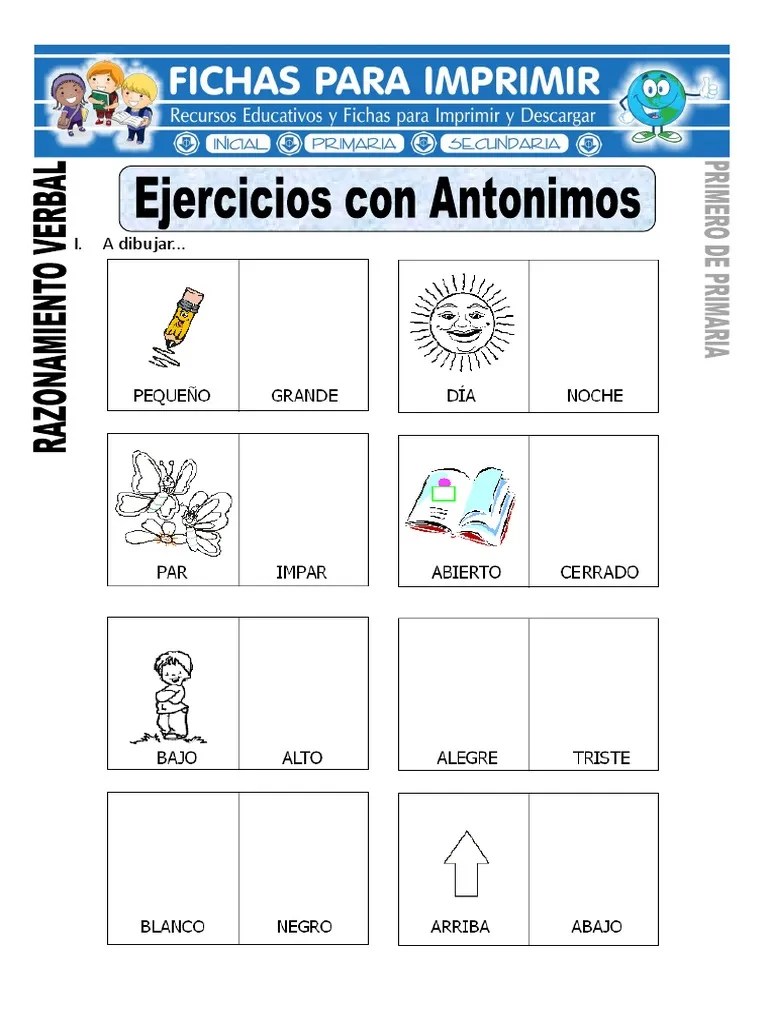 Ficha de Ejercicios Con Antónimos Para Primero de Primaria