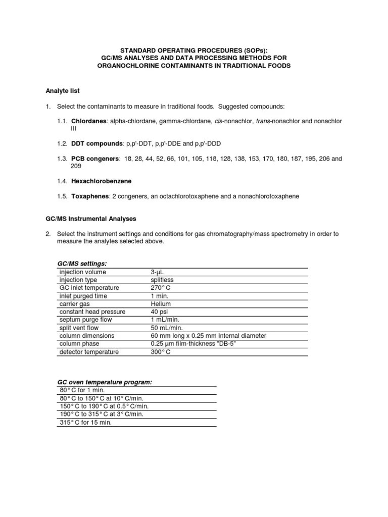 Standard Operating Procedures (Sops) Gcms Analyses Gas Chromatography Gas Chromatography