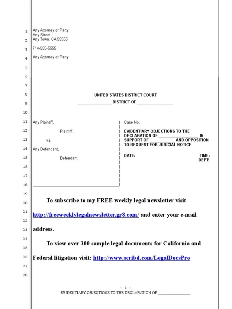 Sample Evidentiary Objections to Declaration in United States District Court Evidence (Law