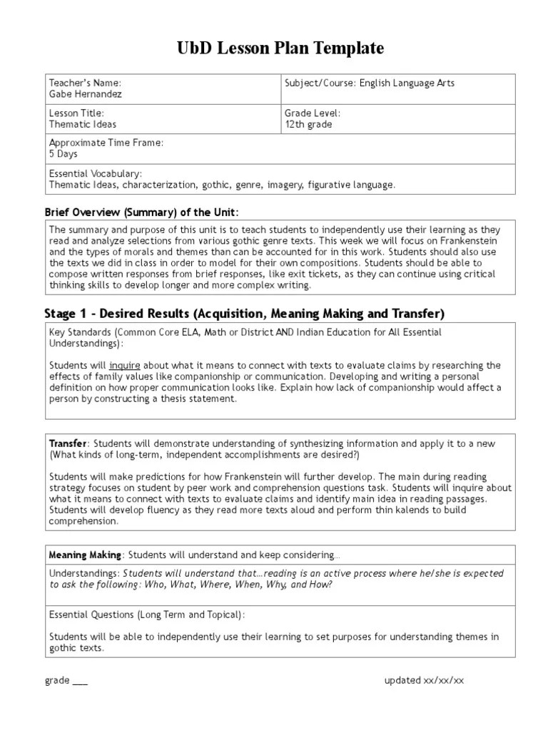 Favorite Ubd Daily Lesson Plan Template PDF Reading Comprehension Pedagogy