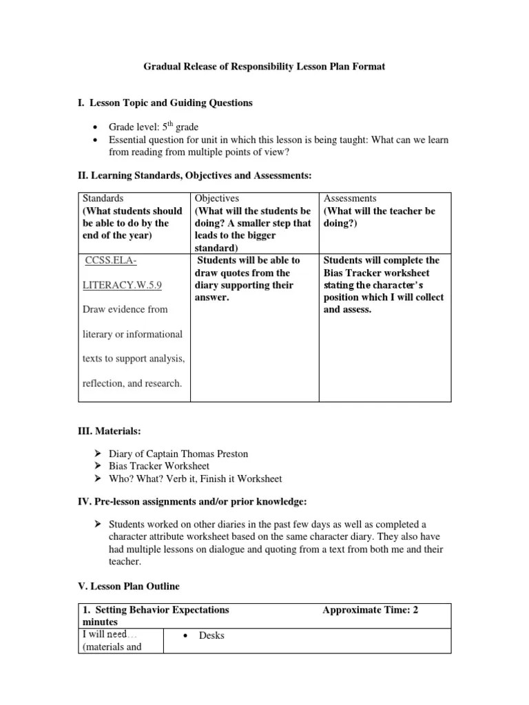 Gradual Release Lesson Template 1 1 PDF Lesson Plan Educational Assessment
