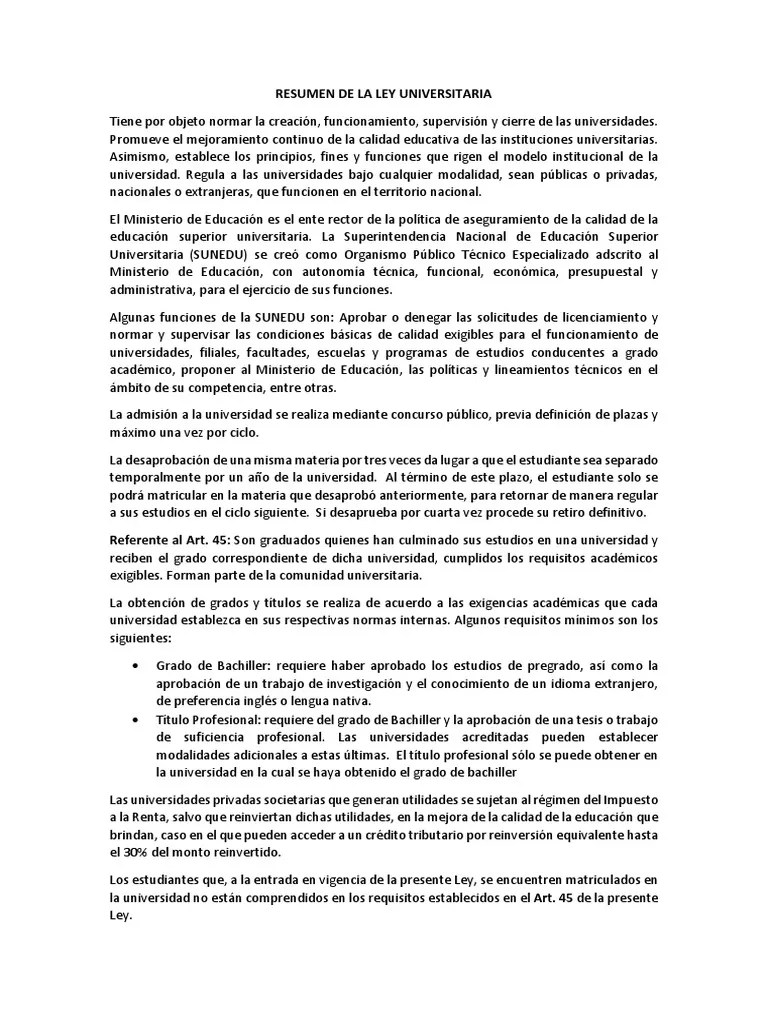 Resumen de La Ley Universitaria 30220 PDF Universidad Licenciatura