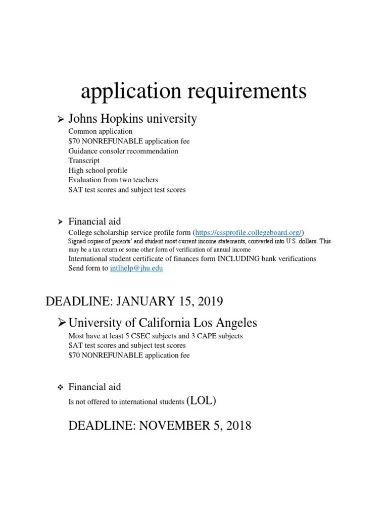 Application Requirements Johns Hopkins University PDF