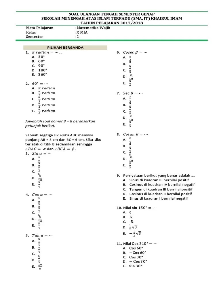 Nilai Dari Cos 60o + Sin 150o Adalah