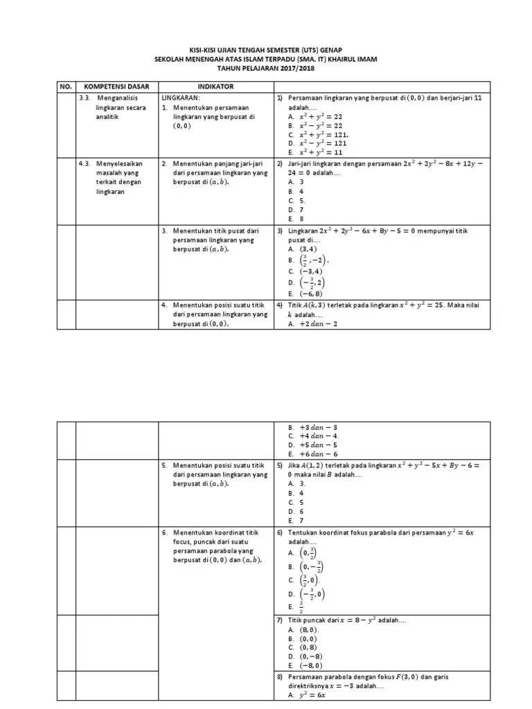 Contoh Soal: Soal Pas Matematika Wajib Kelas Xi Semester 1