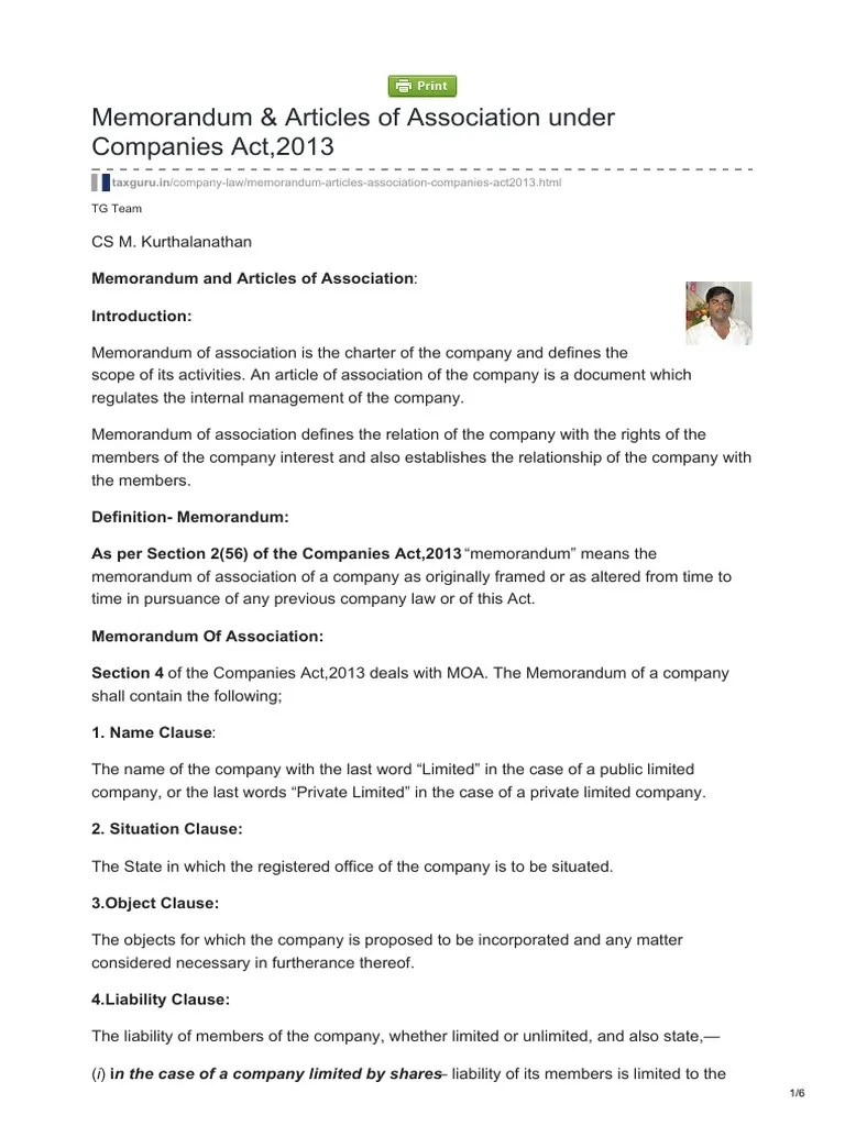 Memorandum Articles of Association Under Companies Act2013 PDF