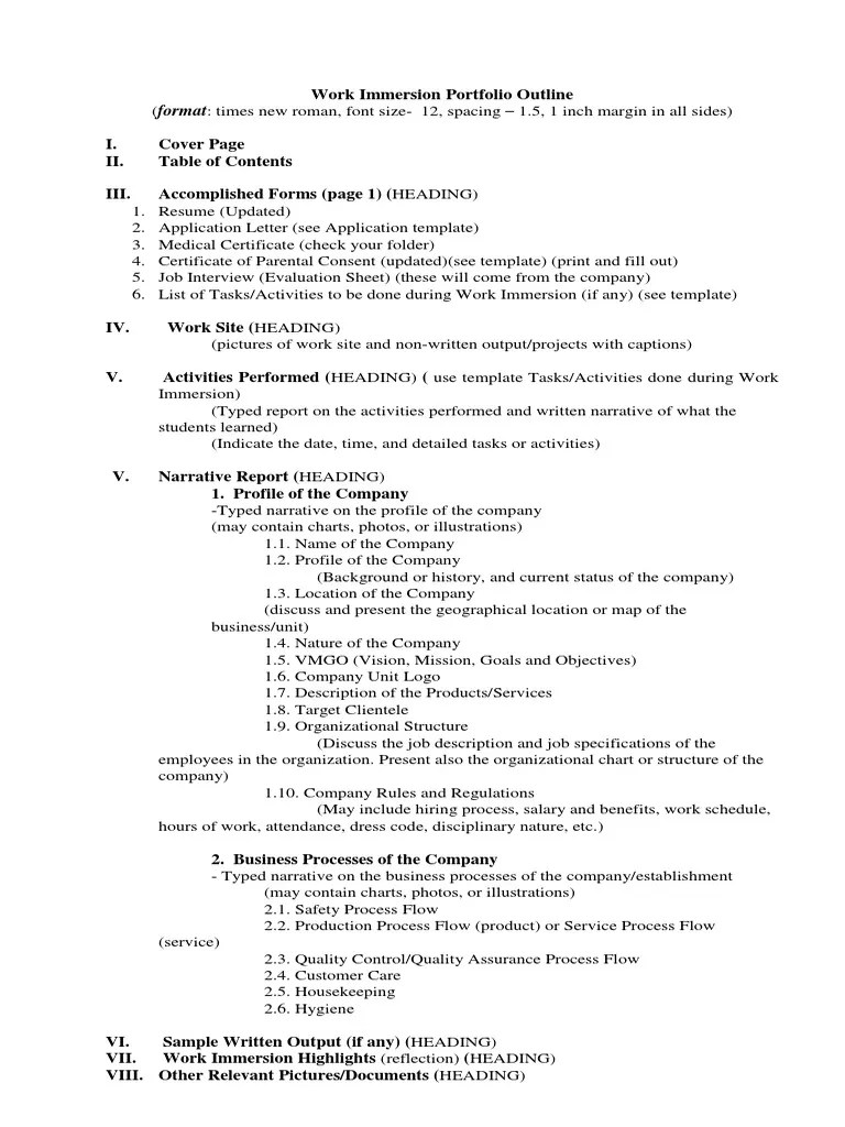 Work Immersion Portfolio Outline PDF Business Process Employment
