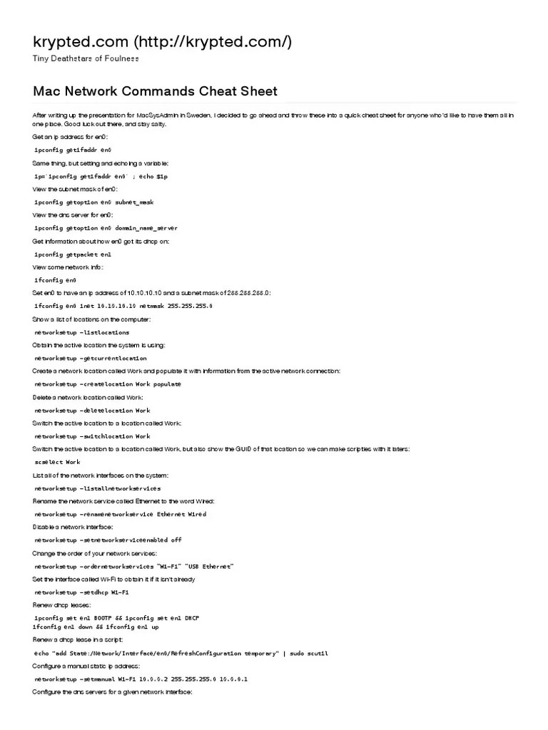 Mac Network Commands Cheat Sheet PDF Computer Network Ip Address