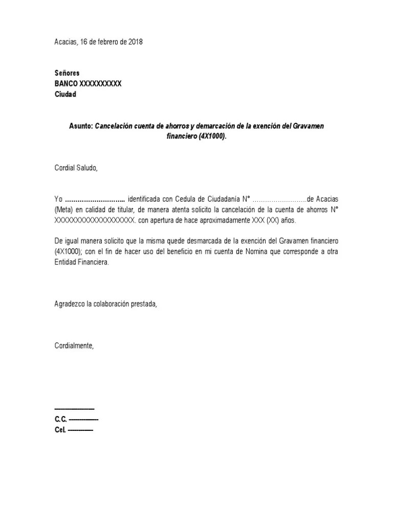 CARTA PARA SOLICITUD RETIRO 4*1000 Bancario Dinero