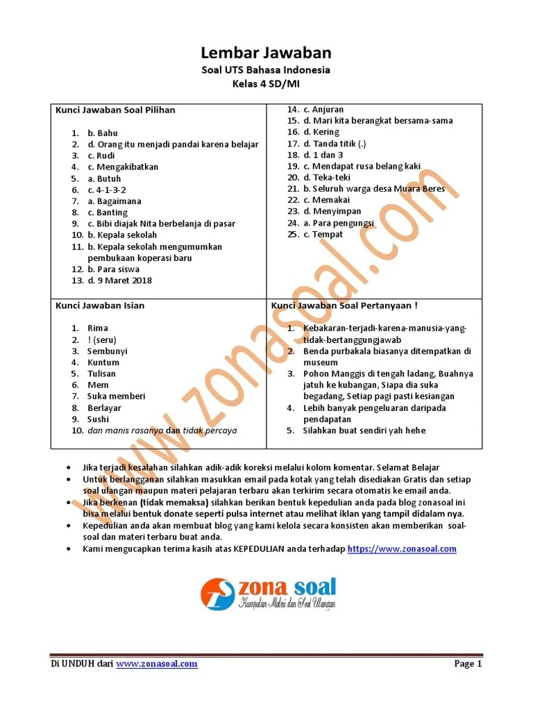 Kunci Jawaban Uts Kelas 4 Semester 2 | PDF