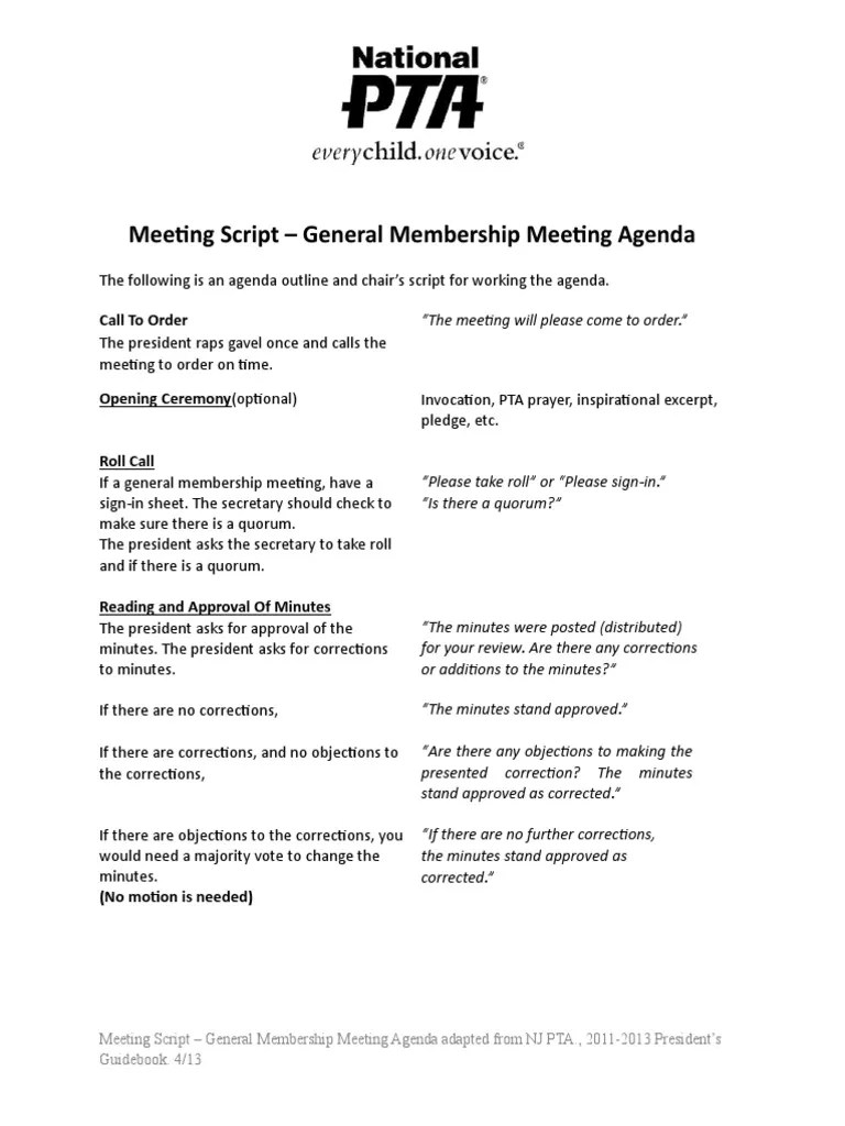 Sample Meeting Script for President Committee Agenda (Meeting)