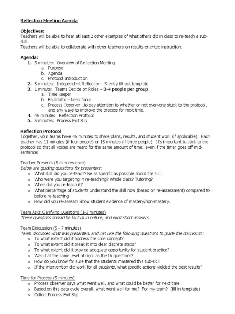 Reflection Meeting Sample Agenda Communications Protocols Teaching