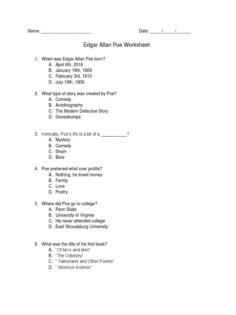 Worksheet Edgar Allan Poe PDF