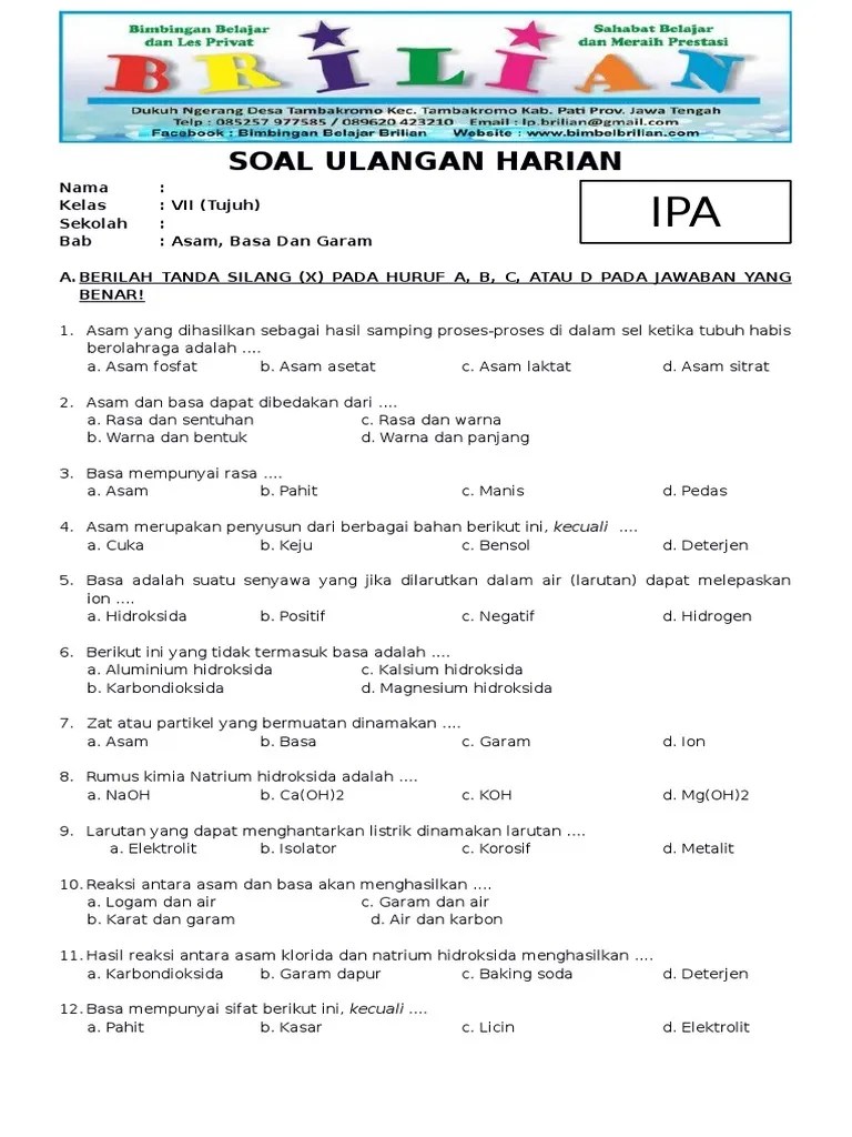 Soal IPA SMP Kela 7 Bab Asam, Basa Dan Garam Dan Kunci Jawaban | PDF