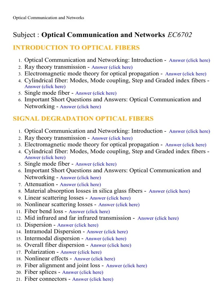 Optical Communication and Networks Lecture Notes, Study Material and