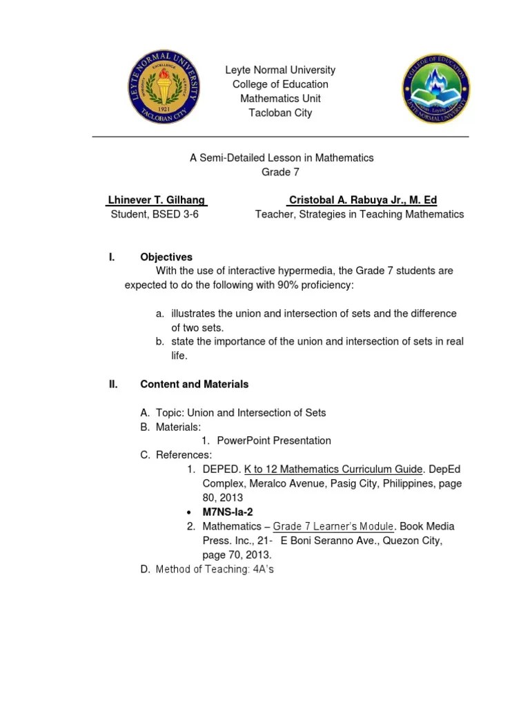 Lesson Plan (Union and Intersection of Sets) PDF Set (Mathematics