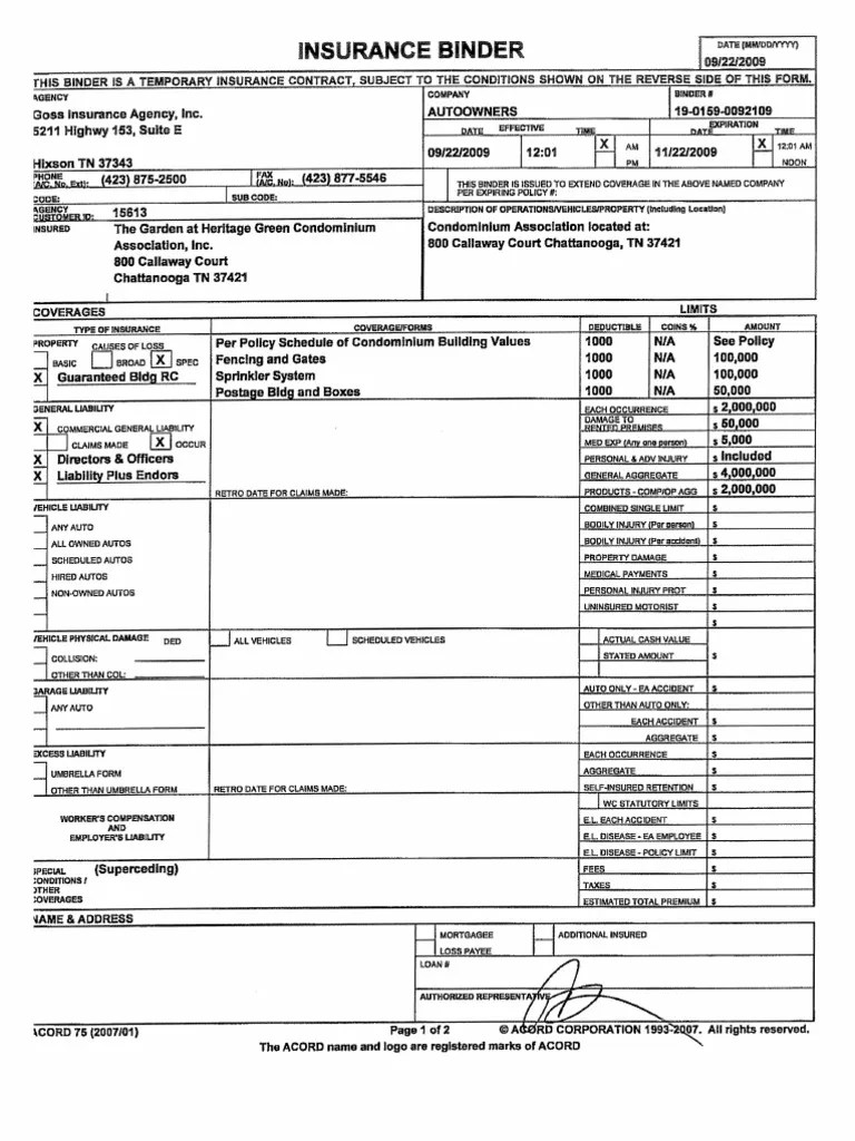 HOA Insurance Binder Mortgage Law Insurance