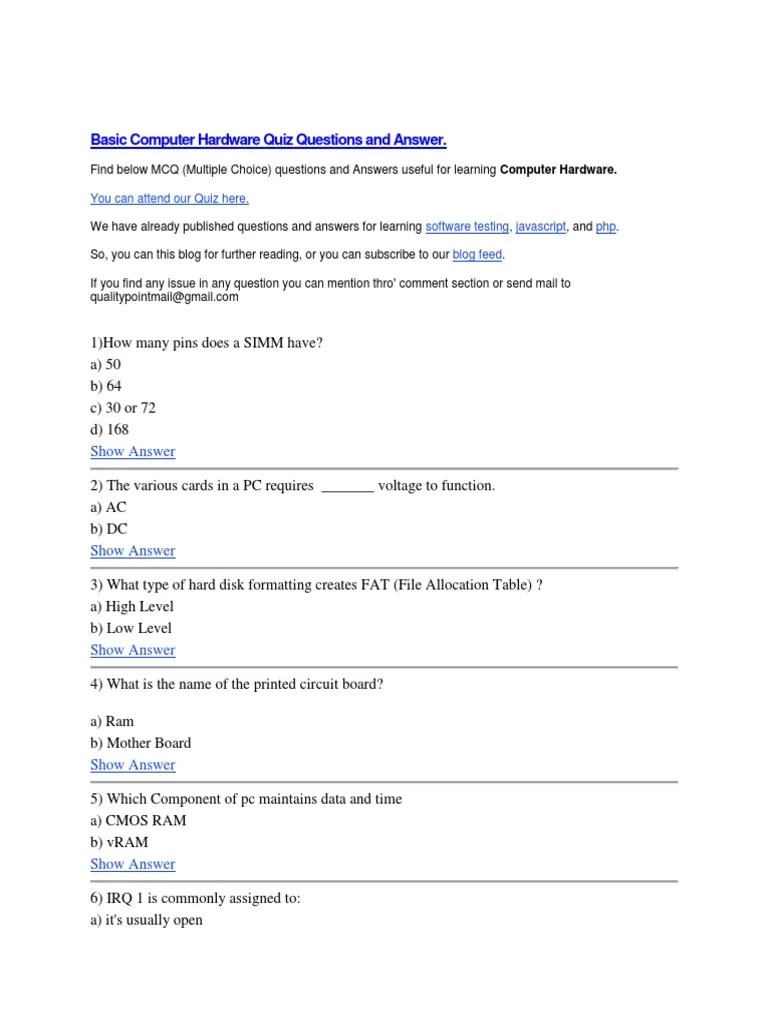 Basic Computer Hardware Quiz Questions and Answer PDF Disk Storage