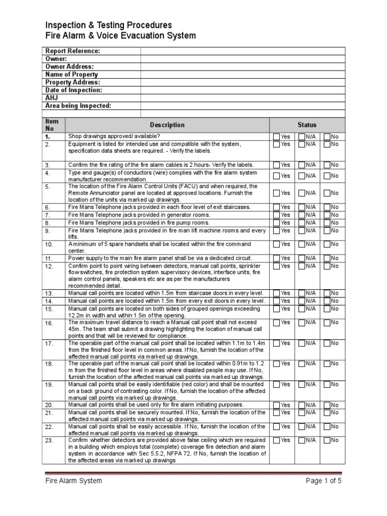 Inspection Check List Fire Alarm System Rev 01 PDF Equipment