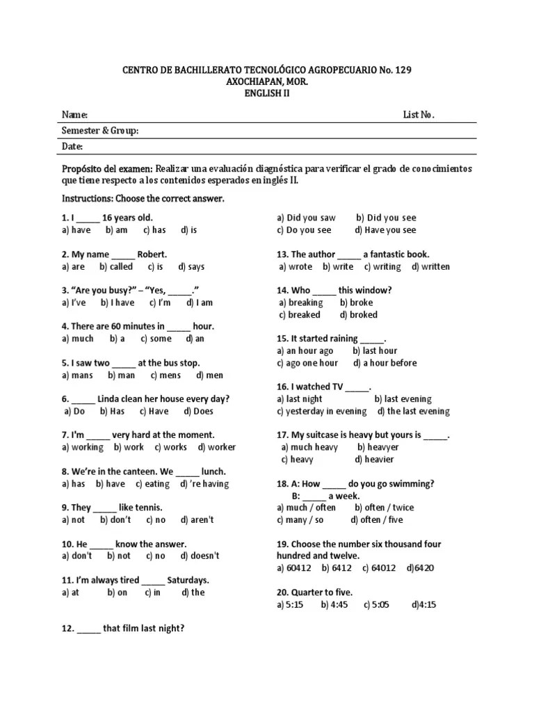 Diagnostic Test for English Level A2