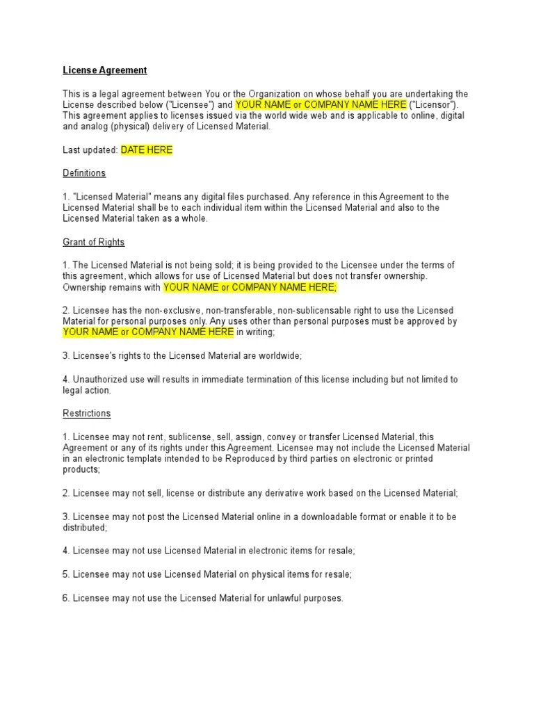 Sample Digital Content License Agreement License Civil Law (Legal