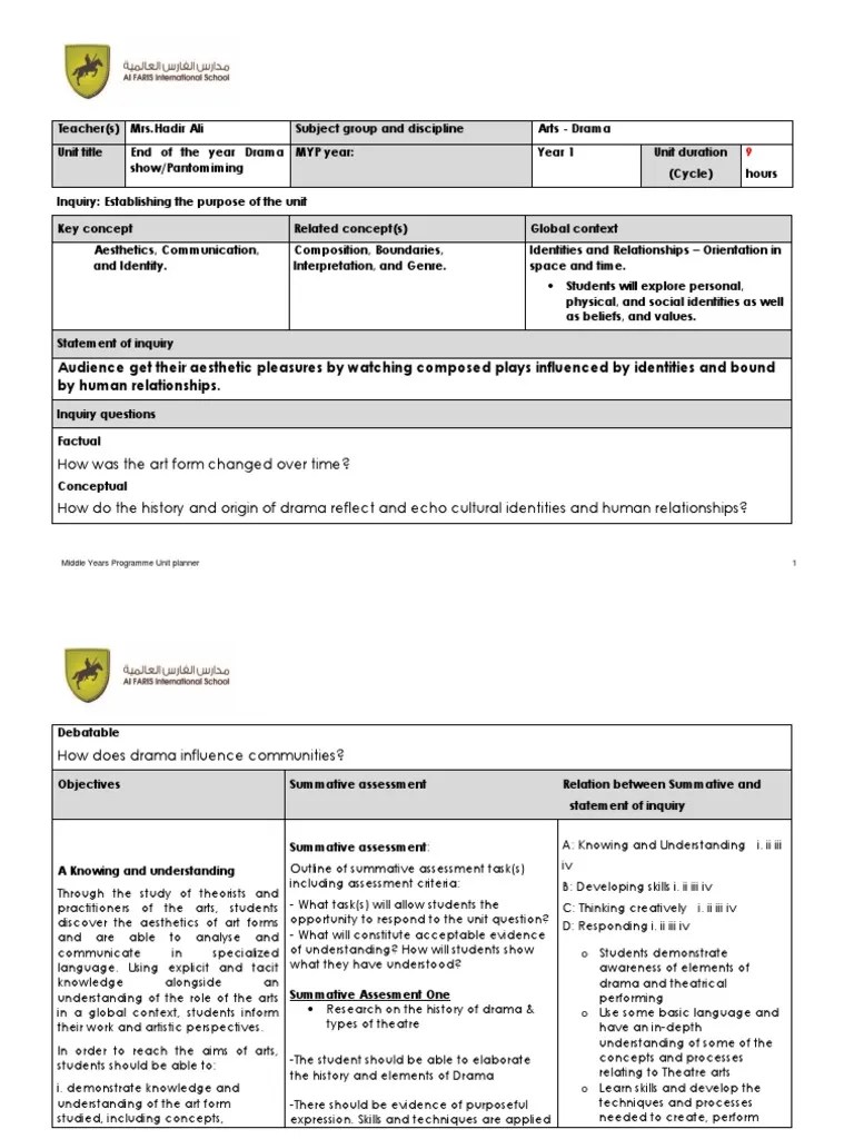 MYP Unit Plan Yr1 Drama (1) Educational Assessment Teachers